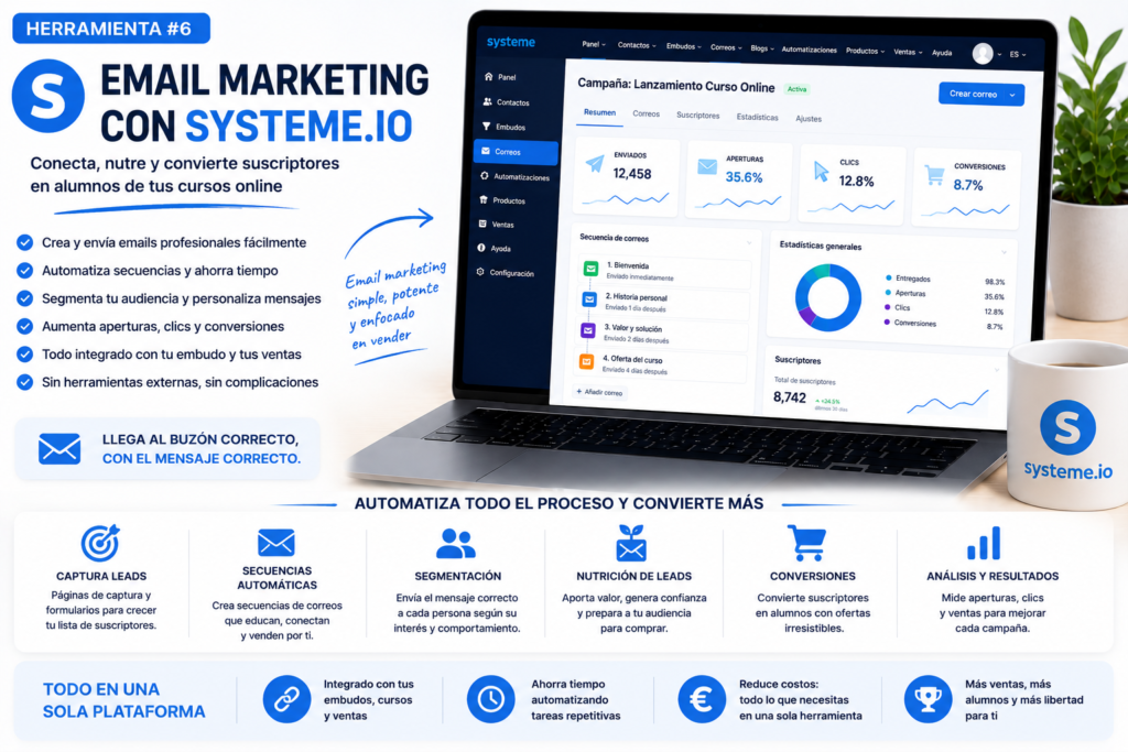Sistema de email marketing en Systeme.io mostrando automatizaciones, secuencias de correos y seguimiento de suscriptores para convertir leads en alumnos y aumentar las ventas de cursos online.