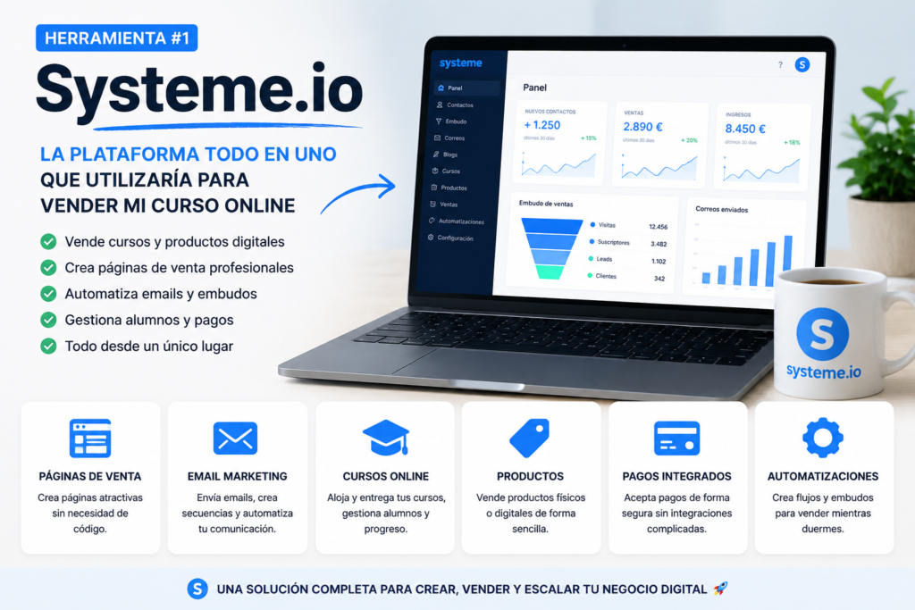 Panel de Systeme.io mostrando embudos de venta, email marketing, automatizaciones y gestión de alumnos para crear y vender cursos online desde una única plataforma.