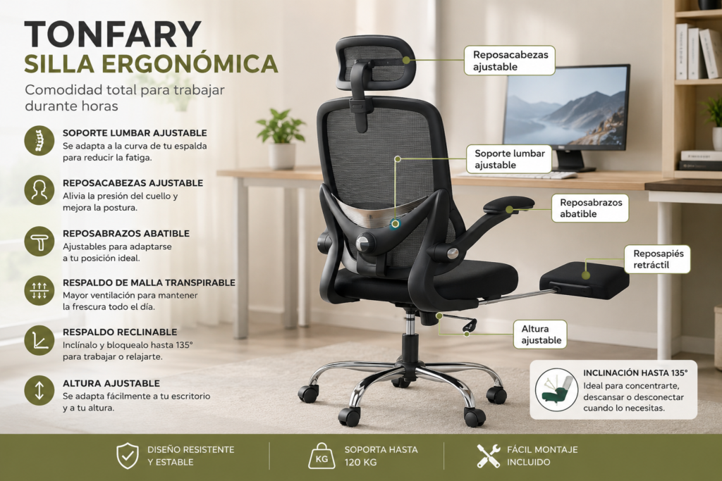 TONFARY silla ergonómica con reposapiés retráctil, soporte lumbar ajustable, reposacabezas regulable y respaldo de malla para trabajar muchas horas con comodidad.