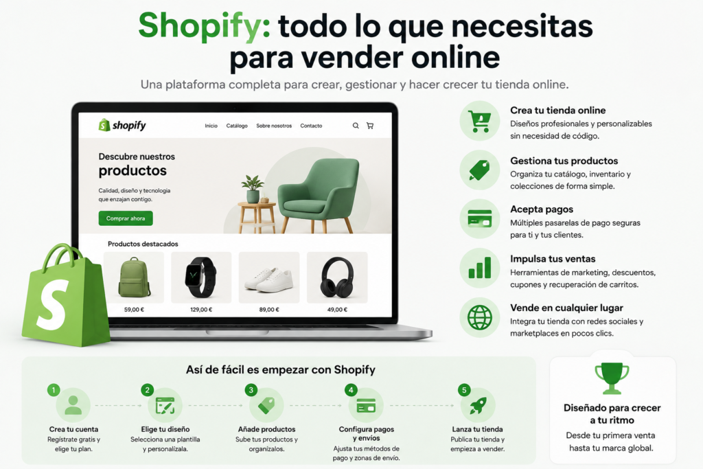 Proceso para crear una tienda online con Shopify paso a paso, desde la configuración inicial hasta la publicación y gestión de ventas.