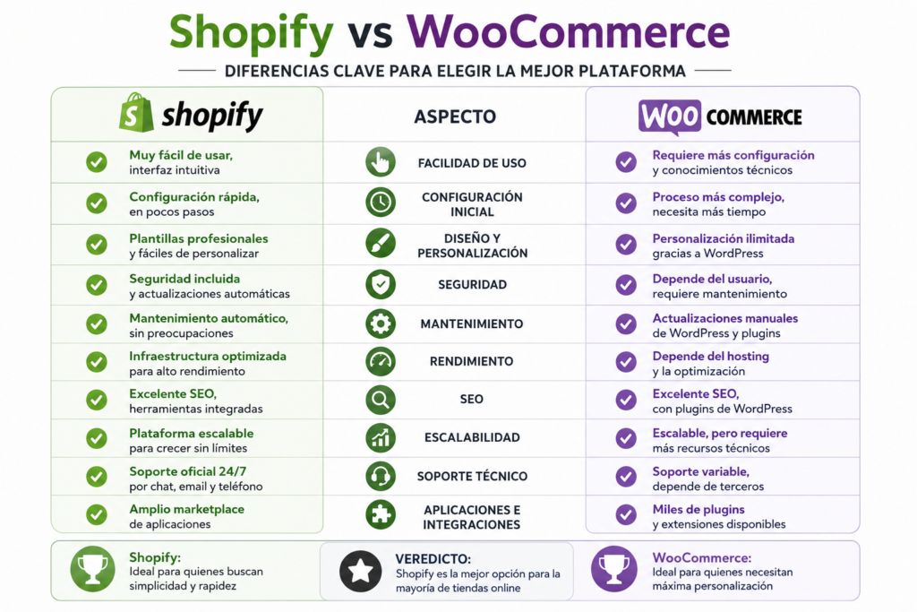 Comparativa entre Shopify y WooCommerce que muestra las principales diferencias en facilidad de uso, configuración, seguridad, mantenimiento, SEO, escalabilidad y soporte para elegir la mejor plataforma de comercio electrónico.