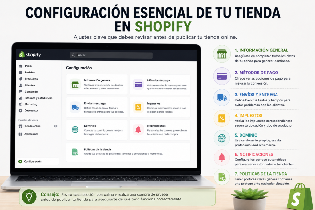 Panel de configuración inicial de Shopify con los principales ajustes para preparar una tienda online, incluyendo pagos, envíos, dominio y configuración general.