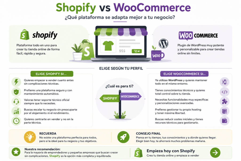 Guía visual para elegir entre Shopify y WooCommerce según el tipo de negocio, la experiencia del usuario y las necesidades de una tienda online.