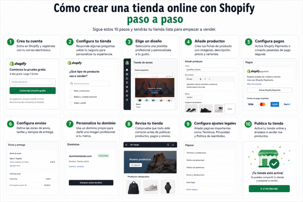 Infografía con los principales pasos para crear una tienda online con Shopify, desde el registro y la configuración inicial hasta la publicación del ecommerce.