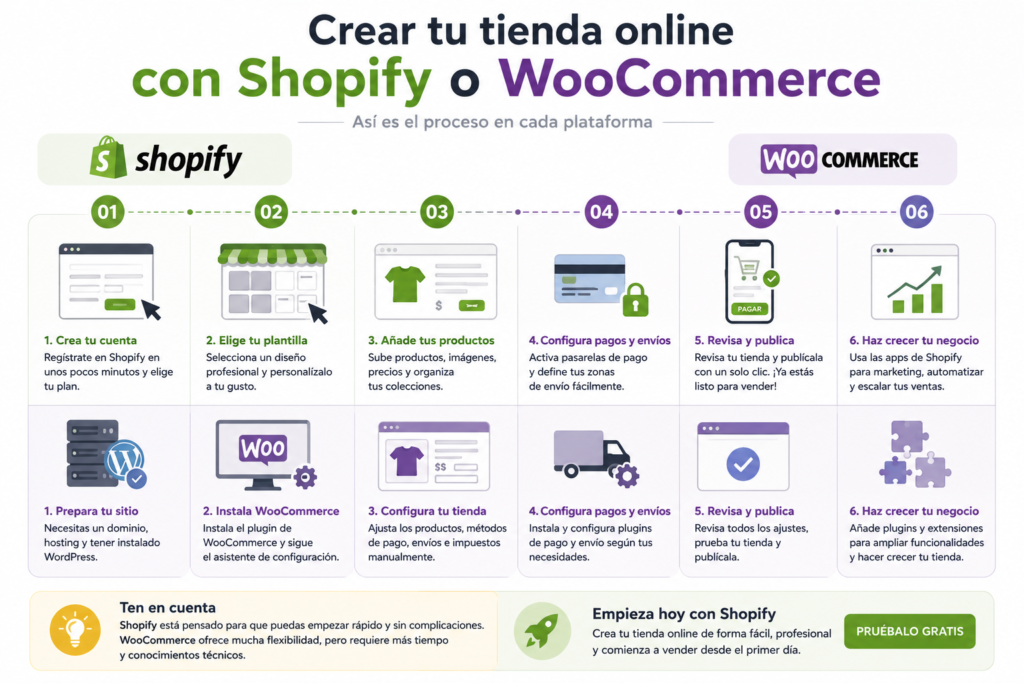 Infografía que muestra el proceso para crear una tienda online con Shopify y WooCommerce, desde la configuración inicial hasta la publicación y el crecimiento del negocio.