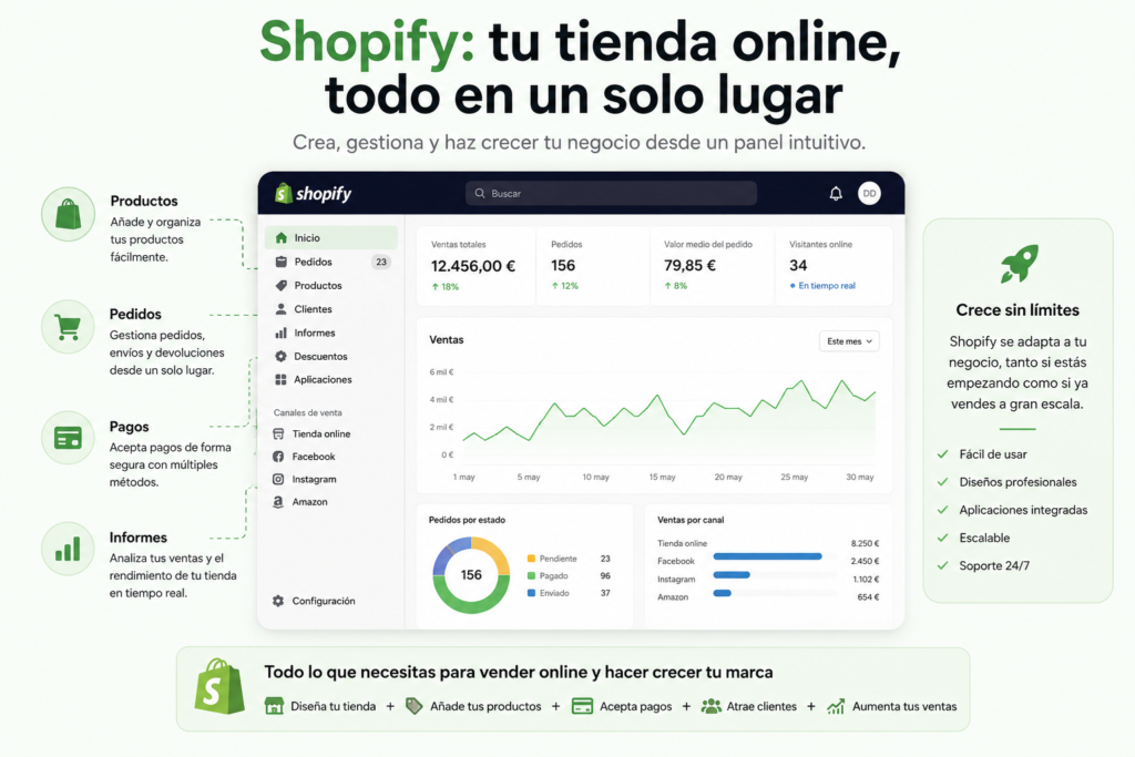 Panel de control de Shopify mostrando las principales herramientas para crear, gestionar y hacer crecer una tienda online.