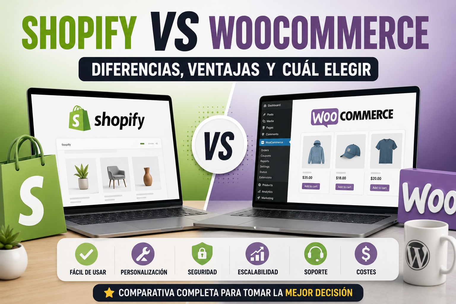 Comparativa entre Shopify y WooCommerce mostrando sus principales diferencias, ventajas y características para ayudarte a elegir la mejor plataforma para crear una tienda online.