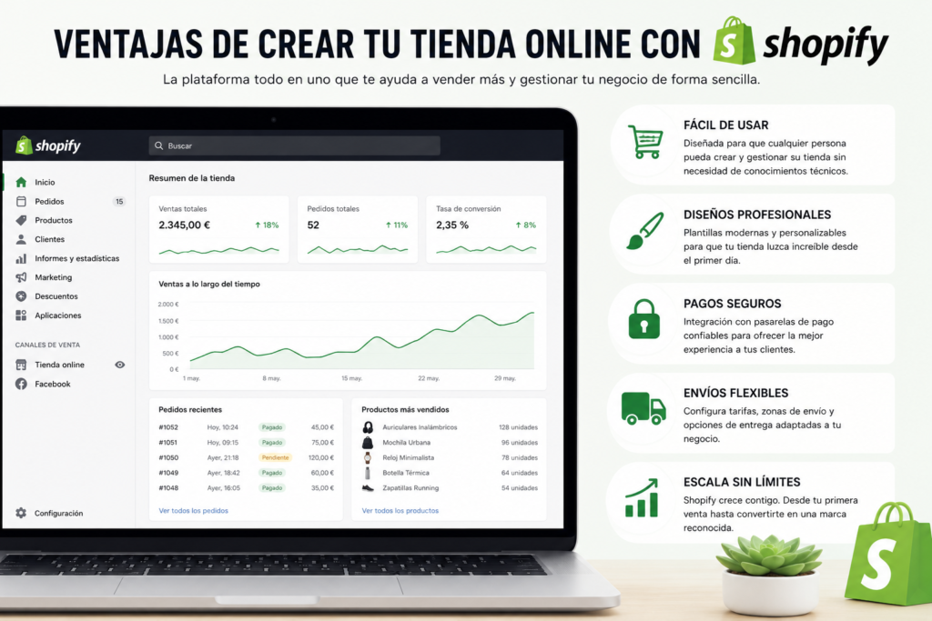 Infografía con las principales ventajas de crear una tienda online con Shopify, incluyendo facilidad de uso, diseños profesionales, pagos seguros, envíos flexibles y escalabilidad para hacer crecer un ecommerce.