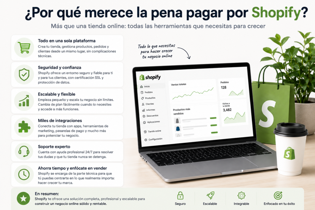 Infografía con las principales ventajas de pagar por Shopify, destacando su facilidad de uso, seguridad, escalabilidad, integraciones y herramientas para gestionar una tienda online profesional.